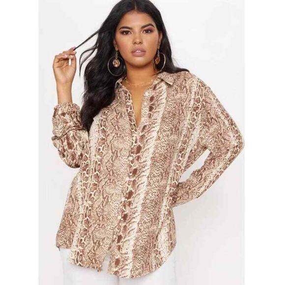 PRETTYLITTLETHING Chiffon Snakeprint Button Up Blouse Relaxed Cocktail Brown - Picture 8 of 8